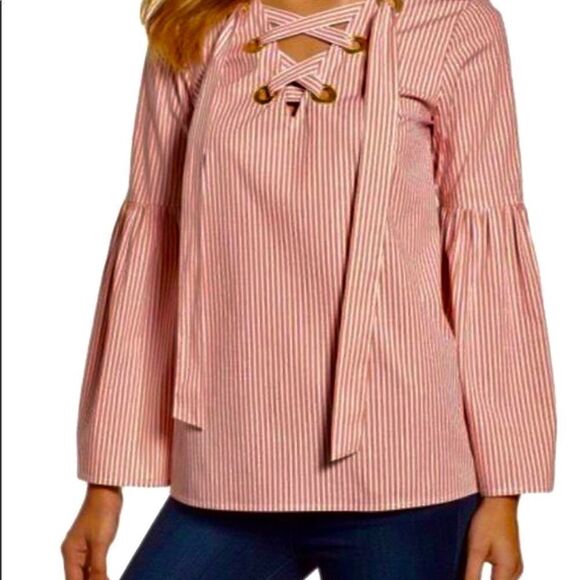 Michael Kors red and white striped, lace-up “Poppy” tunic top. - Picture 1 of 8